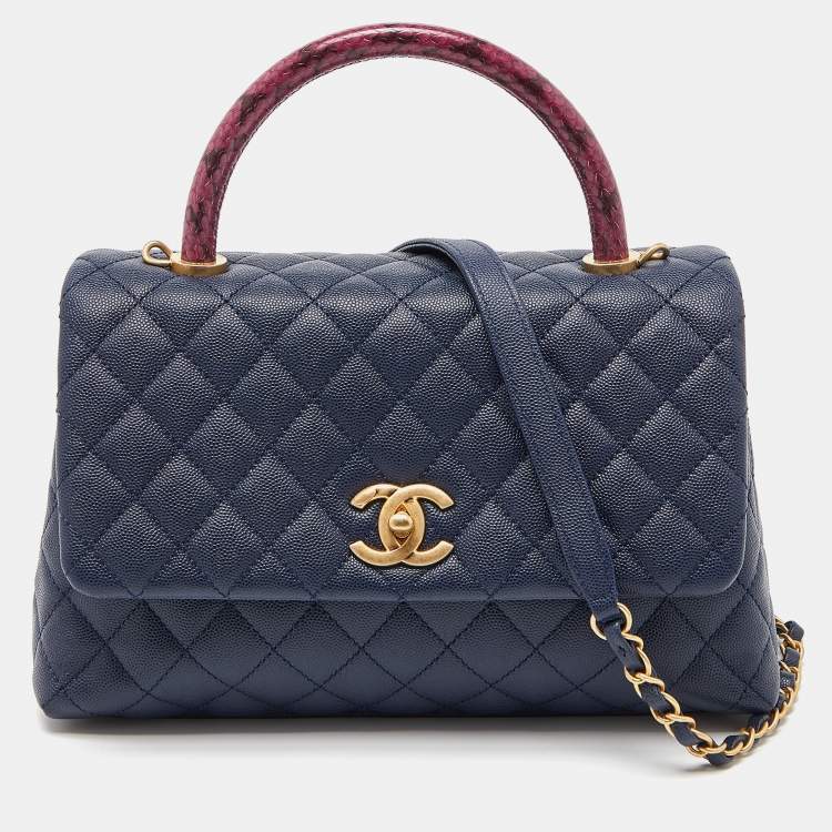 Chanel Blue/Pink Quilted Caviar Leather and Watersnake Leather Small Coco Top Handle Bag