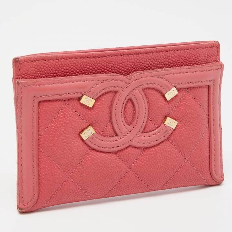 Pre Owned Chanel Pink Quilted Caviar Leather CC Filigree Card Holder 