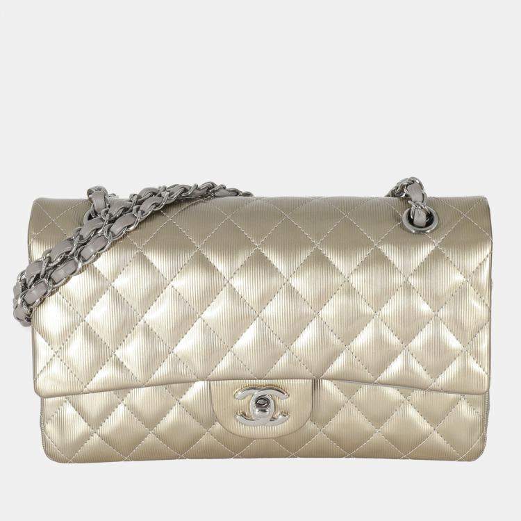 Chanel Gold Patent Striated Medium Classic Flap Bag Chanel