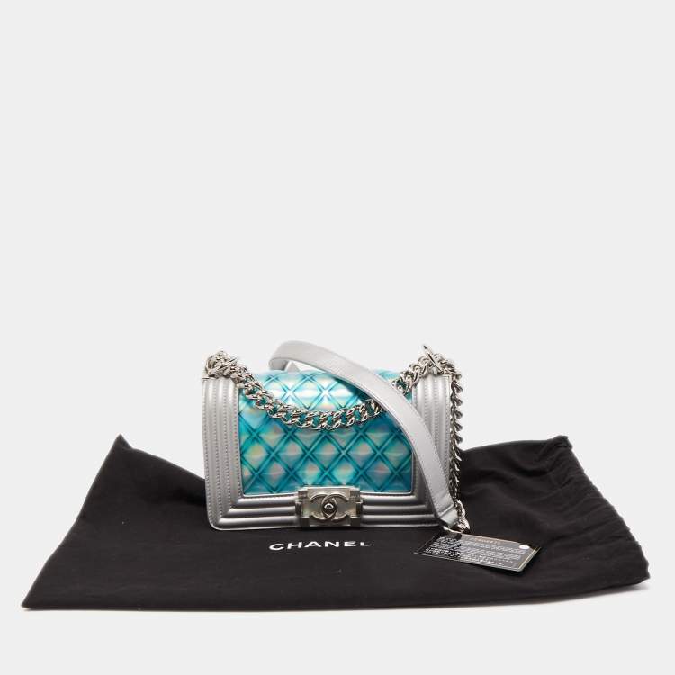 Pre Owned Chanel Silver/Blue PVC and Leather Small Water Boy Flap Bag