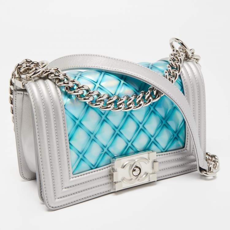 Pre Owned Chanel Silver/Blue PVC and Leather Small Water Boy Flap Bag