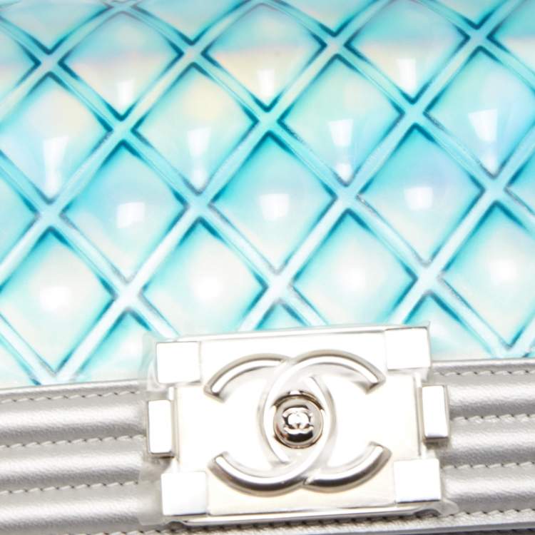 Pre Owned Chanel Silver/Blue PVC and Leather Small Water Boy Flap Bag
