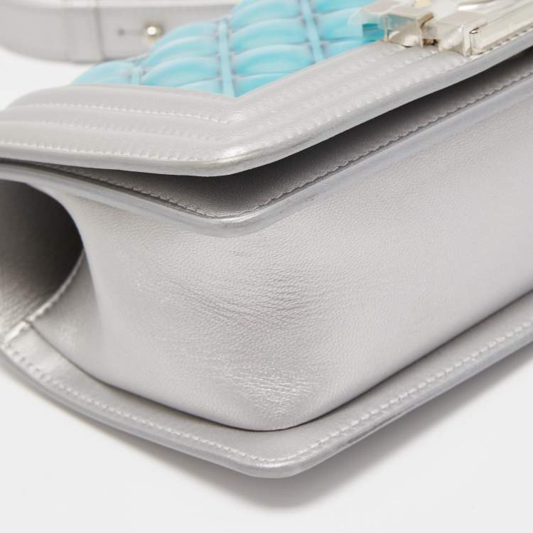 Pre Owned Chanel Silver/Blue PVC and Leather Small Water Boy Flap Bag