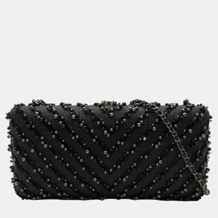 Chanel Black Beaded Chevron Leather Clutch on Chain Clutch Bag