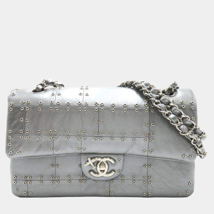 Chanel Silver Medium Grommet Embellished Airline Double Flap Bag