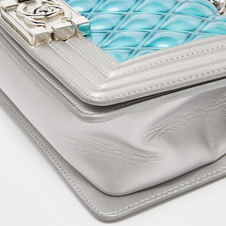 Pre Owned Chanel Silver/Blue PVC and Leather Small Water Boy Flap Bag