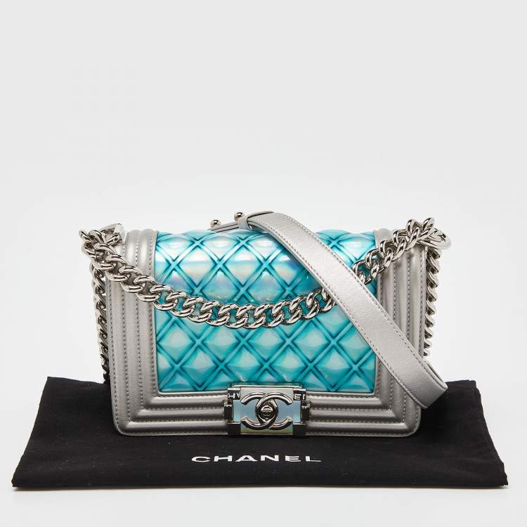Pre Owned Chanel Silver/Blue PVC and Leather Small Water Boy Flap Bag