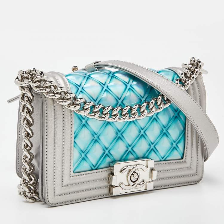 Pre Owned Chanel Silver/Blue PVC and Leather Small Water Boy Flap Bag