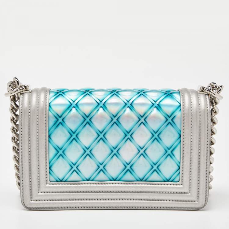 Pre Owned Chanel Silver/Blue PVC and Leather Small Water Boy Flap Bag