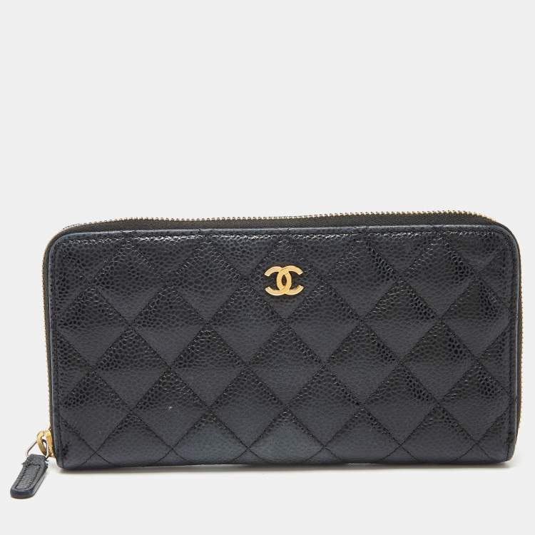 Chanel Black Quilted Caviar Leather CC Zip Around Wallet Chanel
