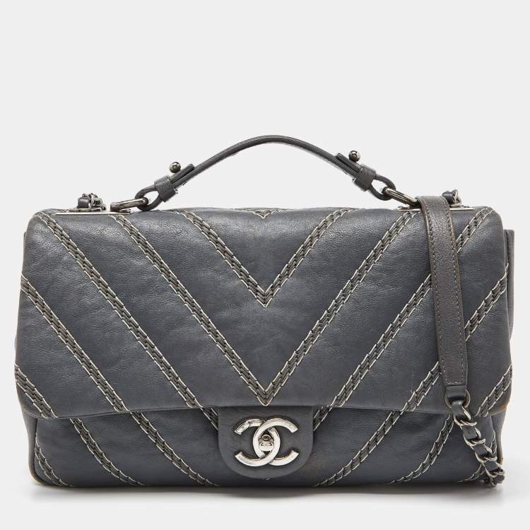 Chanel Grey Chevron Stitched Leather CC Top Handle Flap Bag Chanel | The  Luxury Closet