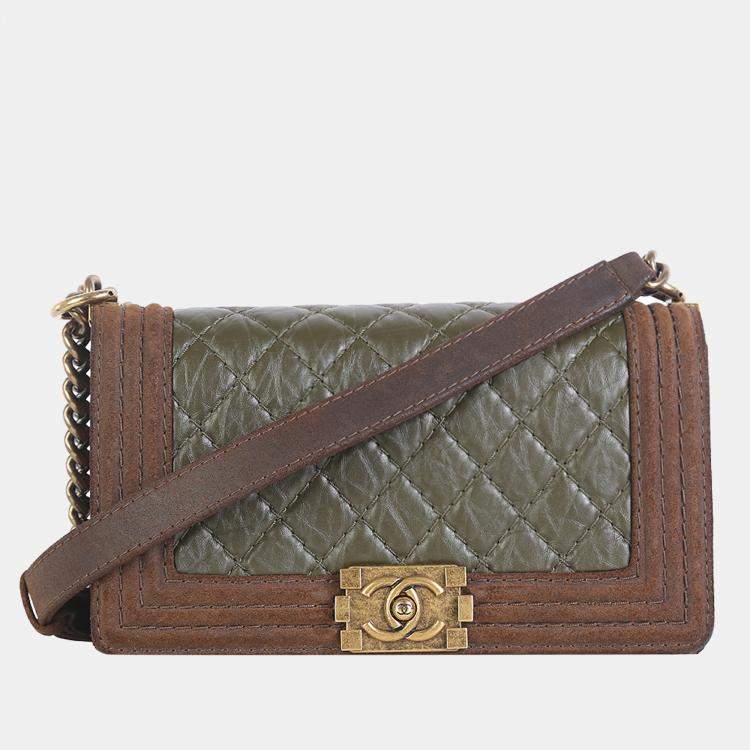 Chanel Olive Green/Brown Suede and Quilted Leather Medium Boy Shoulder Bag  Chanel