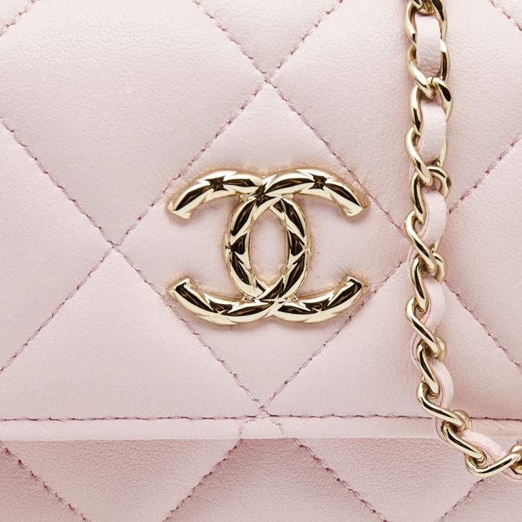 Pre Owned Chanel Light Pink Quilted Leather Mini Chain Around Flap Wallet Bag