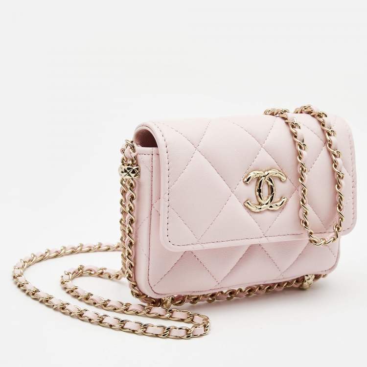 Pre Owned Chanel Light Pink Quilted Leather Mini Chain Around Flap Wallet Bag