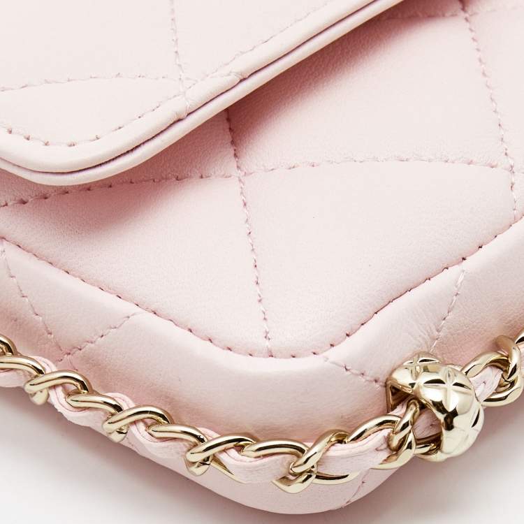 Pre Owned Chanel Light Pink Quilted Leather Mini Chain Around Flap Wallet Bag