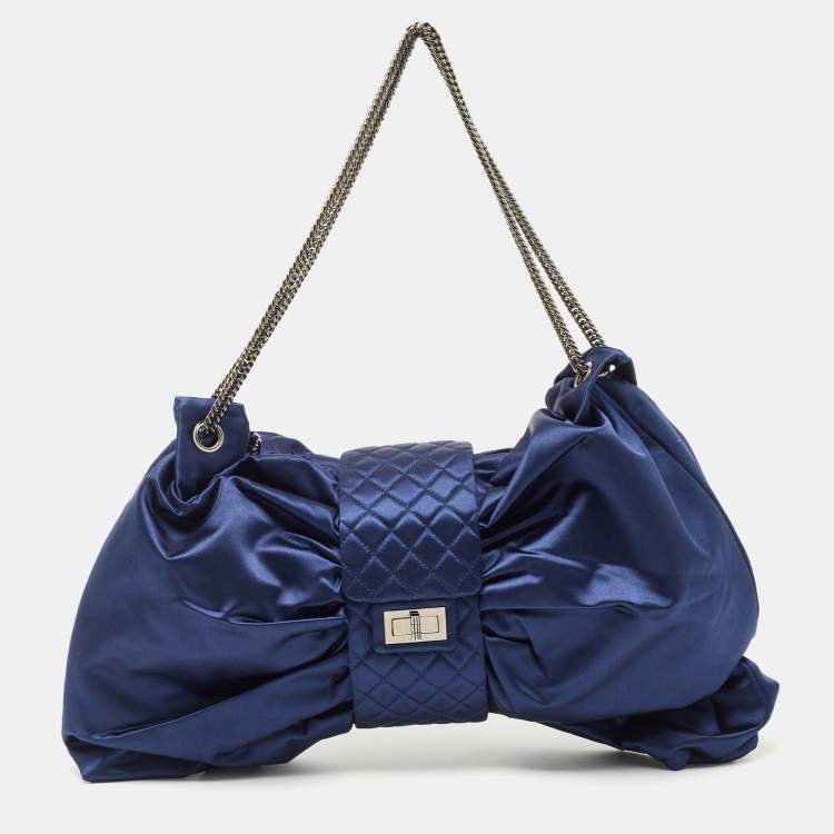 Chanel Navy Blue Quilted Satin Large CC Bow Chain Bag