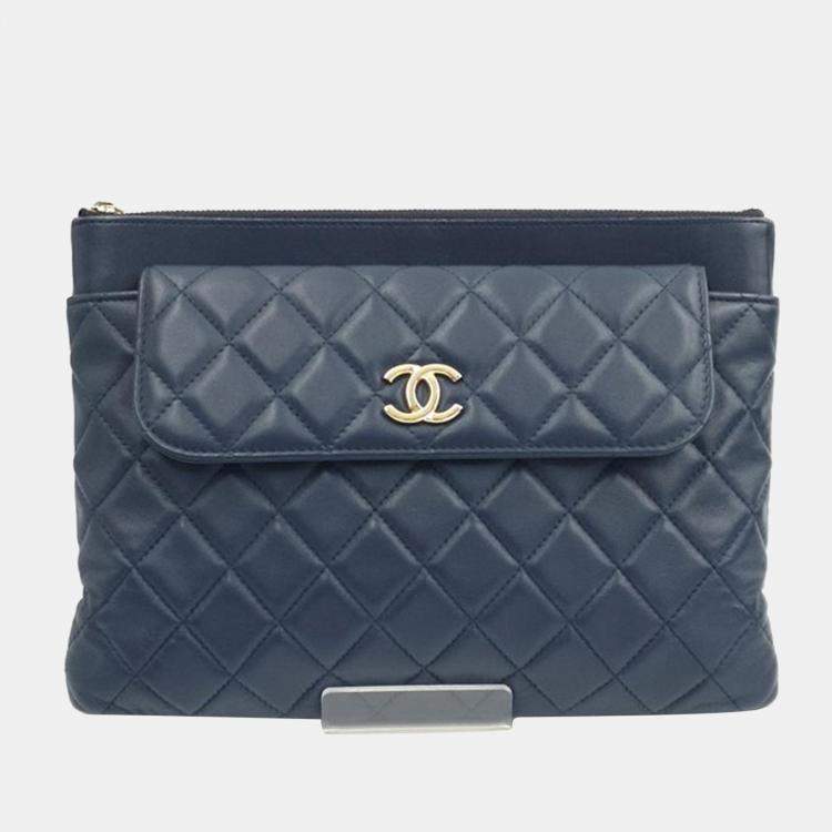 Pre Owned Chanel Navy Blue Leather New Pocket Clutch Bag 