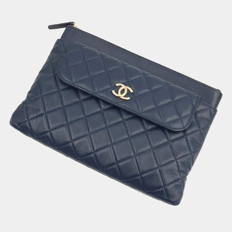 Pre Owned Chanel Navy Blue Leather New Pocket Clutch Bag 