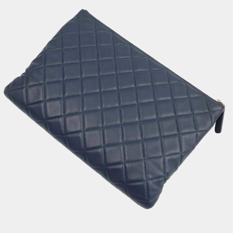 Pre Owned Chanel Navy Blue Leather New Pocket Clutch Bag 