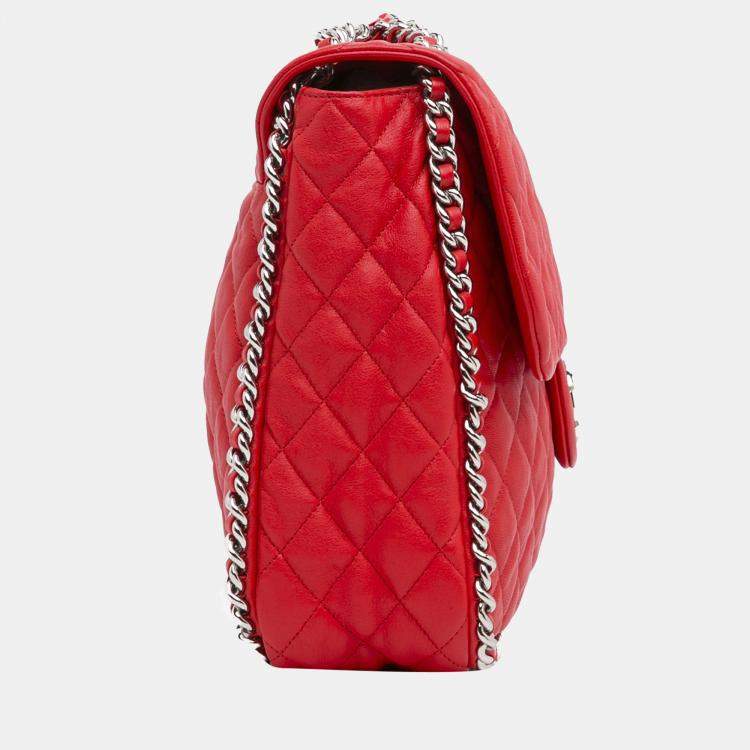 Chanel Red Maxi Lambskin Chain Around Flap