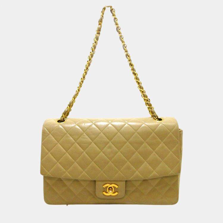 Chanel Beige Leather Classic Single Flap Shoulder Bag Chanel
