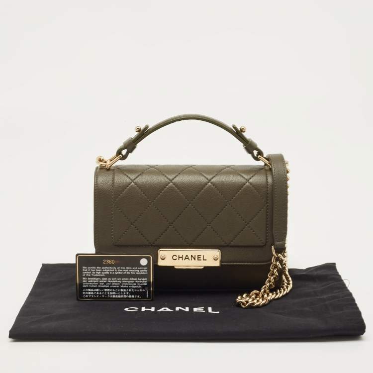 Pre Owned Chanel Olive Green Quilted Leather Small Label Click Flap Bag