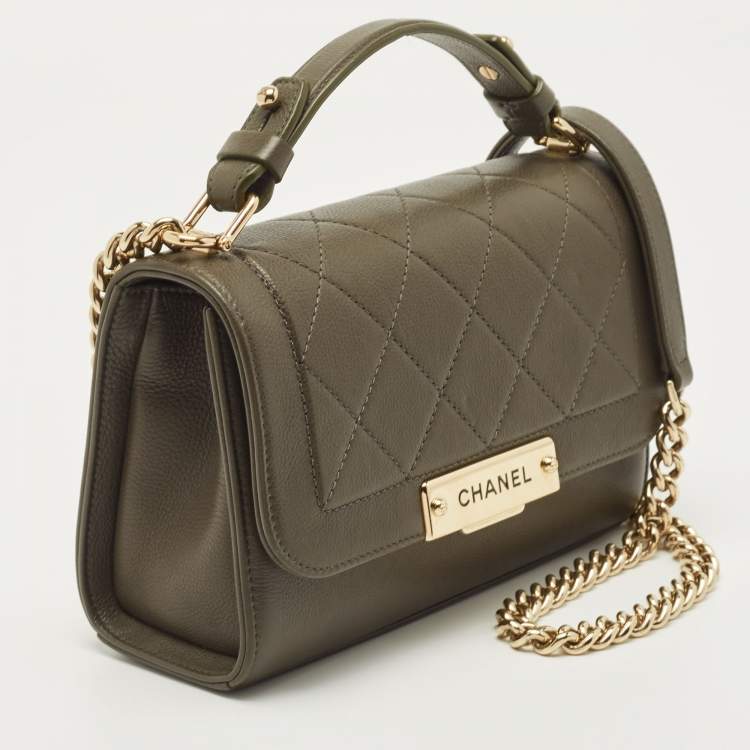 Pre Owned Chanel Olive Green Quilted Leather Small Label Click Flap Bag