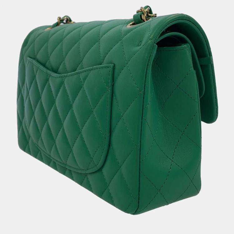 Chanel Green Lambskin Leather Small Classic Double Flap Shoulder Bag