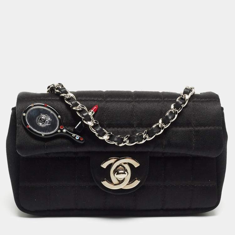 Chanel Black Choco Quilted Satin Extra Mini Lipstick Charm Bag
