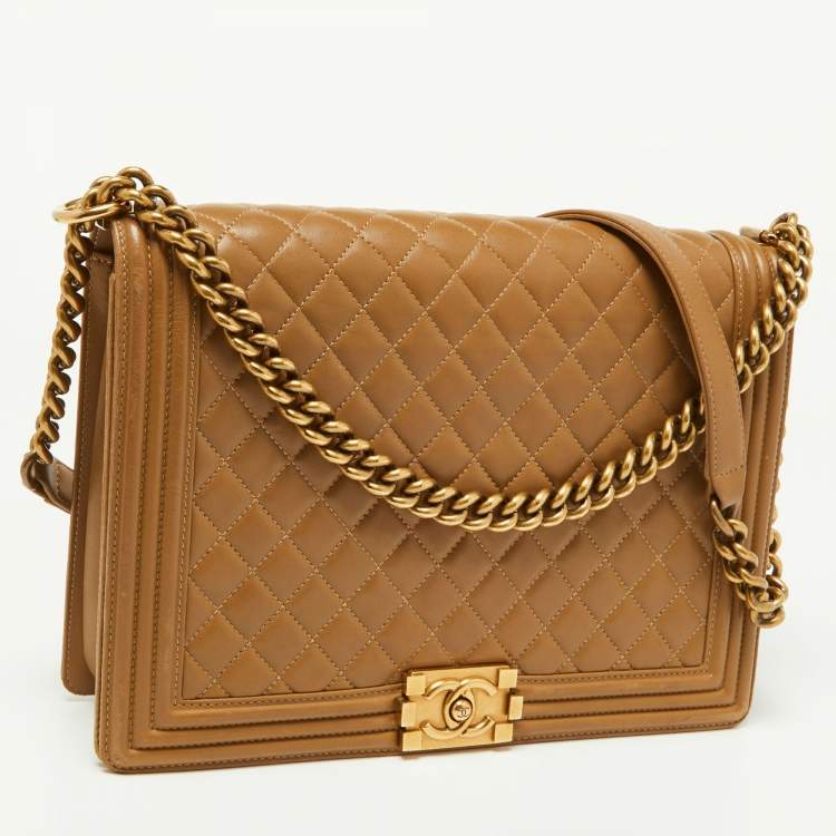 Pre Owned Chanel Beige Quilted Leather Large Boy Flap Bag