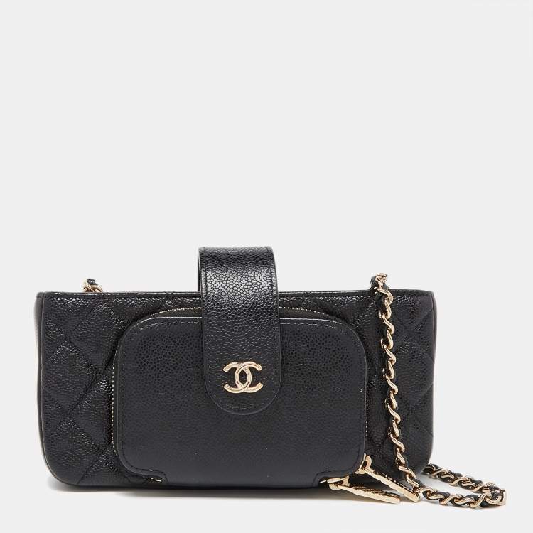 Chanel Black Quilted Leather Phone Holder Chain Crossbody Bag