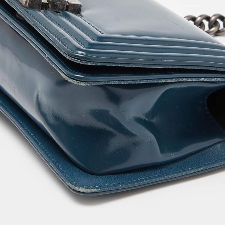 Pre Owned Chanel Blue Patent Leather Small Boy Bag