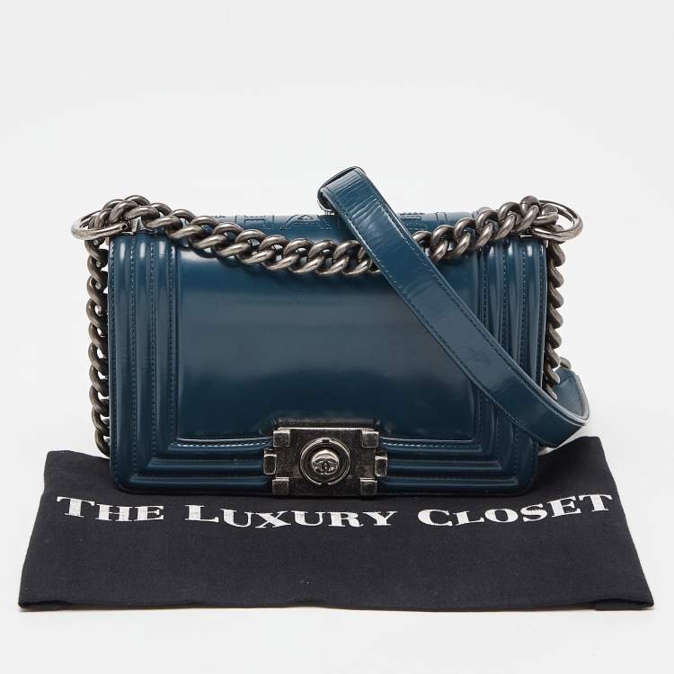 Pre Owned Chanel Blue Patent Leather Small Boy Bag