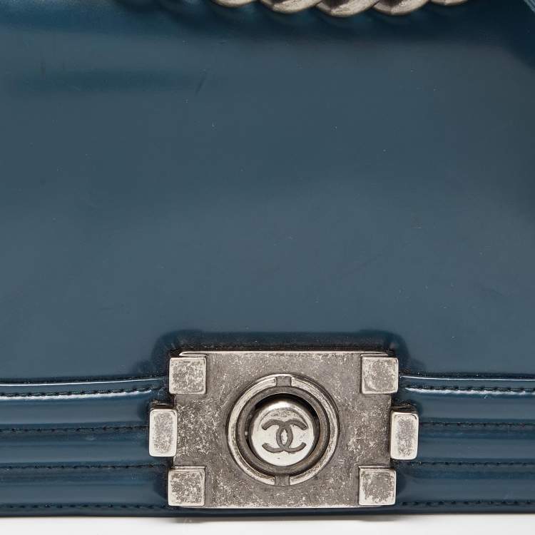 Pre Owned Chanel Blue Patent Leather Small Boy Bag