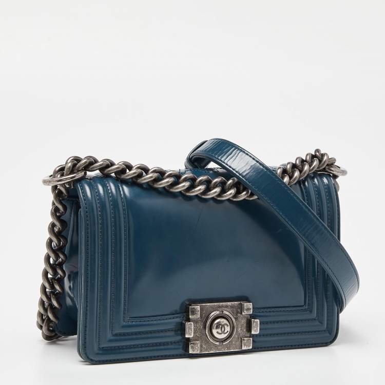 Pre Owned Chanel Blue Patent Leather Small Boy Bag