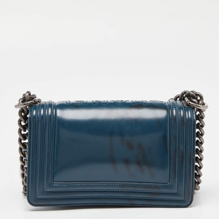 Pre Owned Chanel Blue Patent Leather Small Boy Bag
