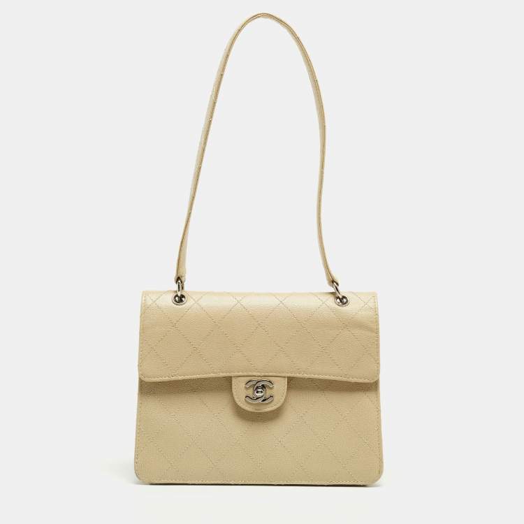 Pre Owned Chanel Light Beige Quilted Leather Classic Top Handle Bag