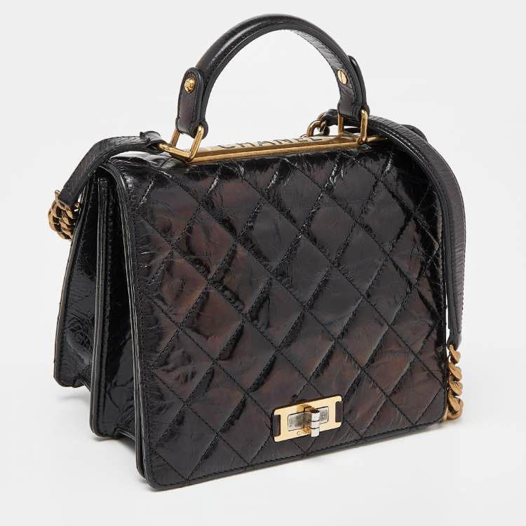 Pre Owned Chanel Black Crinkled Quilted Leather Rita Top Handle Bag
