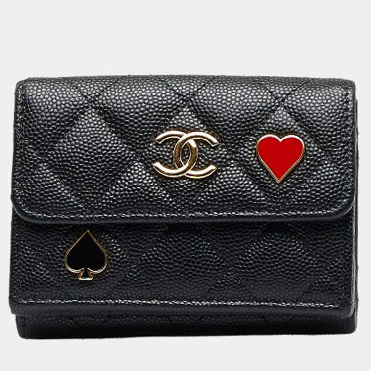 Chanel Black Caviar Leather Quilted Compact Heart Space CC Wallet