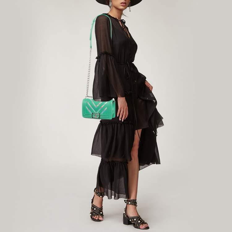 Pre Owned Chanel Green Small Iridescent Chevron Boy Bag