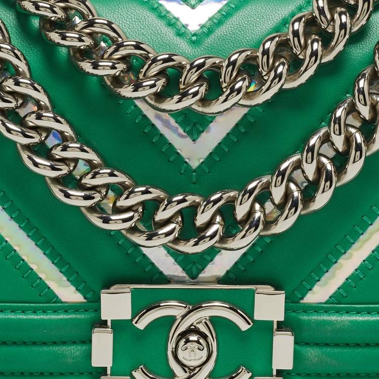 Pre Owned Chanel Green Small Iridescent Chevron Boy Bag