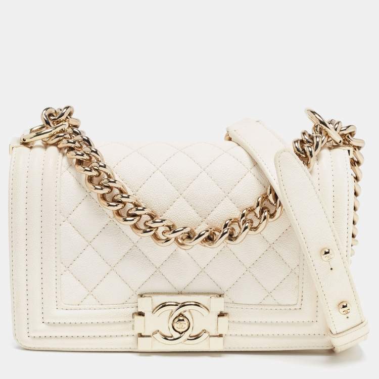 Chanel Off White Quilted Leather Small Boy Flap Bag