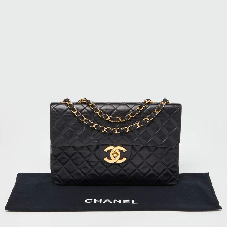 Pre Owned Chanel Black Quilted Lambskin Leather Maxi Vintage Classic Single Flap Bag