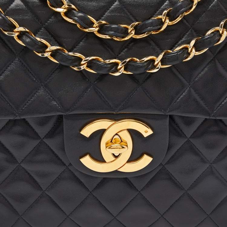 Pre Owned Chanel Black Quilted Lambskin Leather Maxi Vintage Classic Single Flap Bag