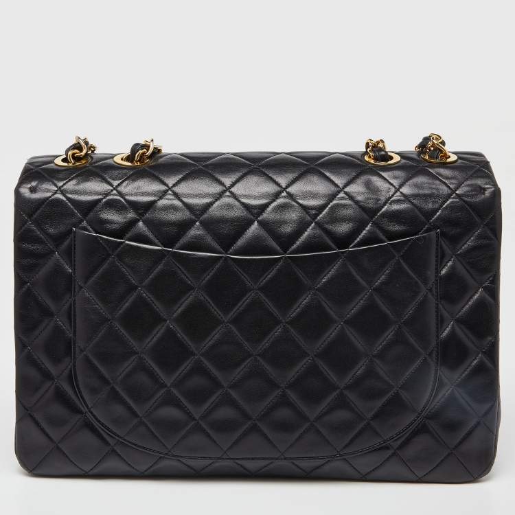 Pre Owned Chanel Black Quilted Lambskin Leather Maxi Vintage Classic Single Flap Bag