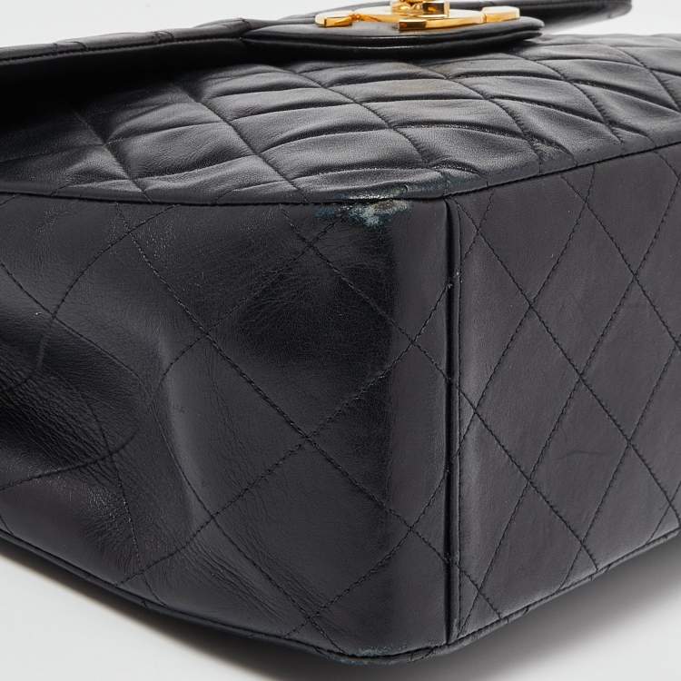 Pre Owned Chanel Black Quilted Lambskin Leather Maxi Vintage Classic Single Flap Bag
