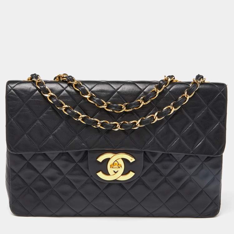 Pre Owned Chanel Black Quilted Lambskin Leather Maxi Vintage Classic Single Flap Bag