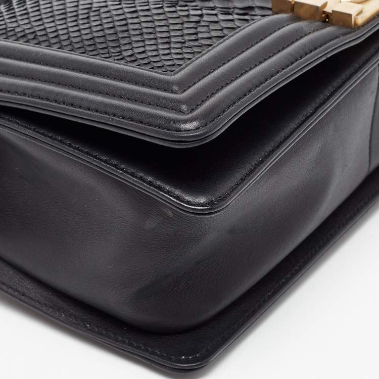 Pre Owned Chanel Black Python and Leather Medium Boy Flap Bag
