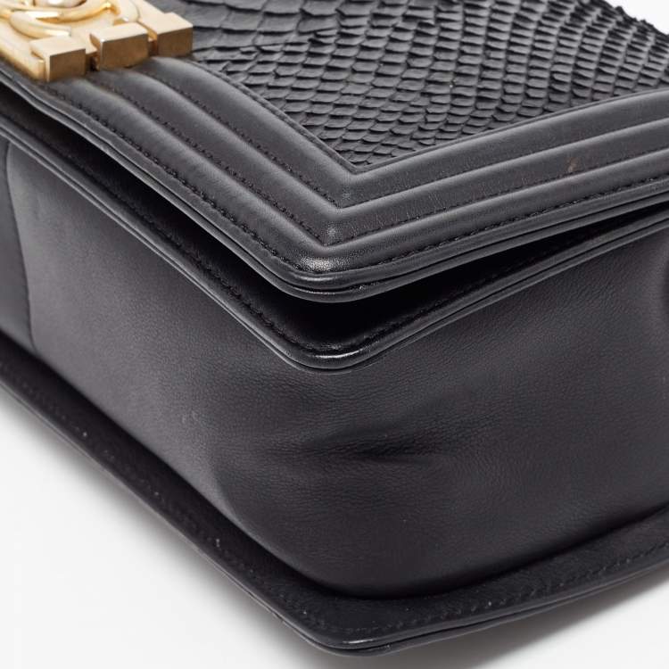 Pre Owned Chanel Black Python and Leather Medium Boy Flap Bag