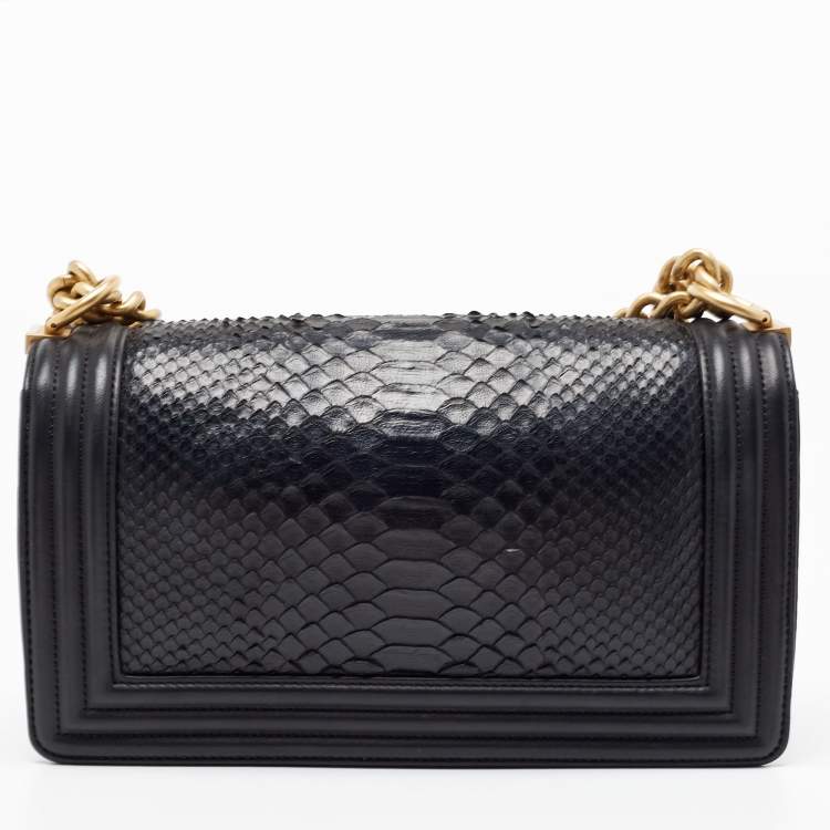 Pre Owned Chanel Black Python and Leather Medium Boy Flap Bag